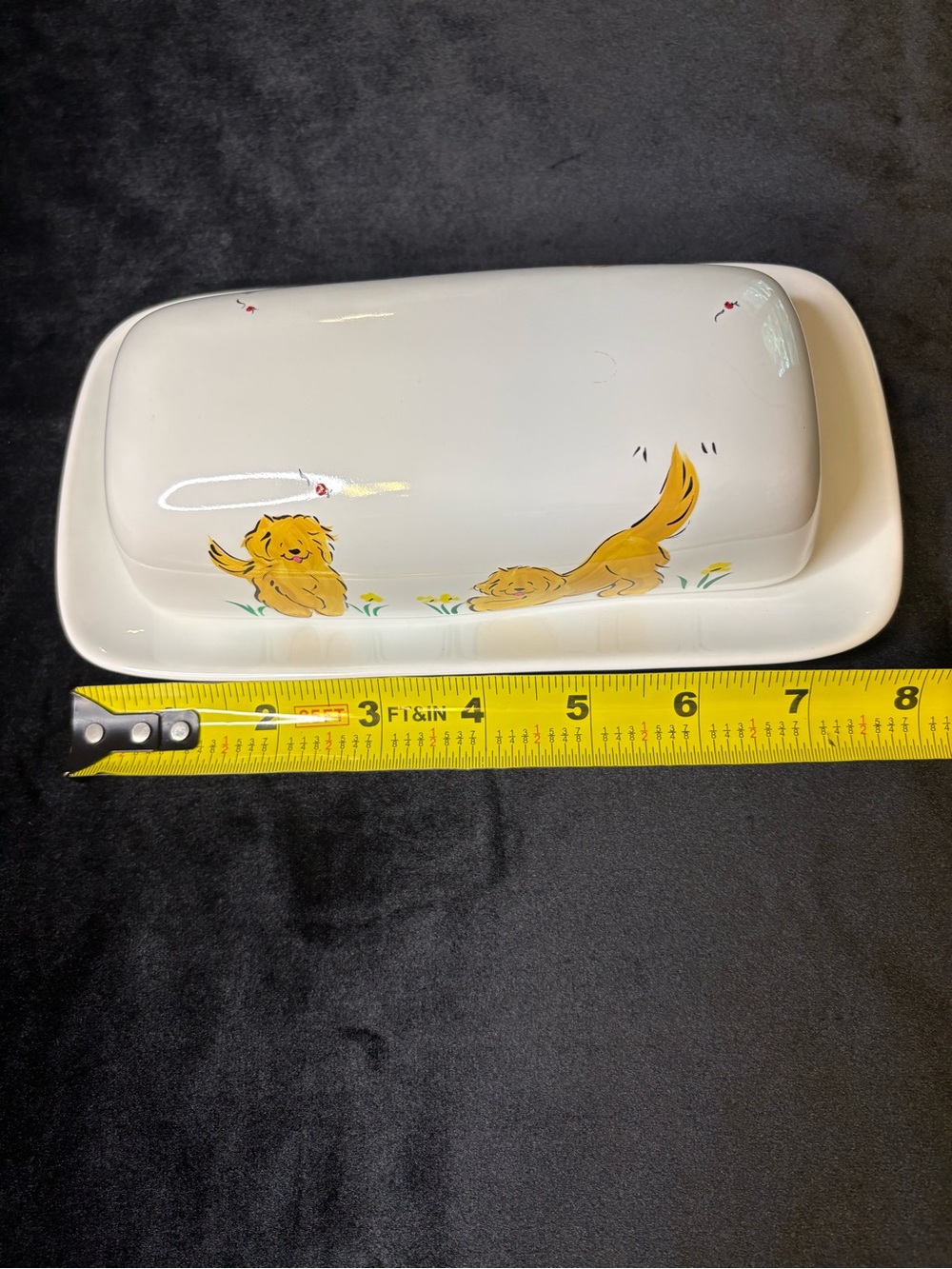 Hand Painted Golden Dogs Butter Dish - Picture 6 of 6
